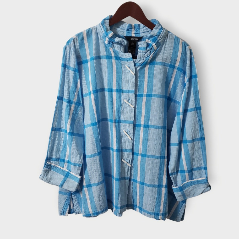 Ali Miles Womens Large Blue‎ Gingham Plaid Toggle Button High Neck Blouse Top